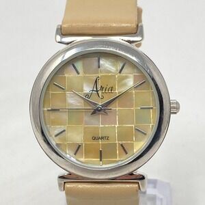 Aria Womens Watch 34mm Silver Tone Beige Tan MOP Mosaic Round New Battery 8"